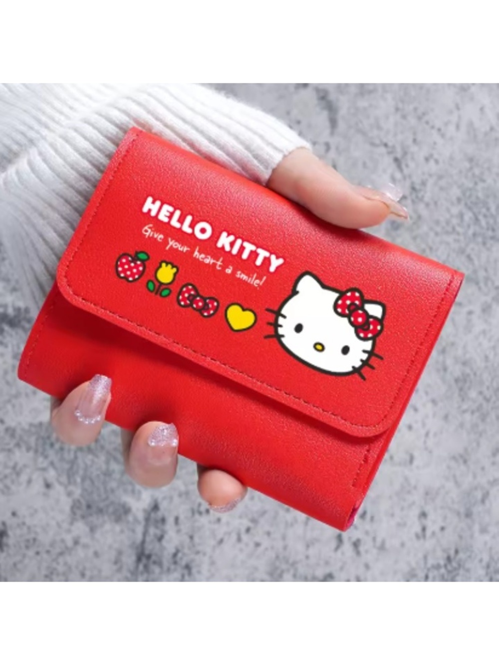Hello Kitty Red Bifold Wallet Slim PU Leather Card Holder, Cute Compact
